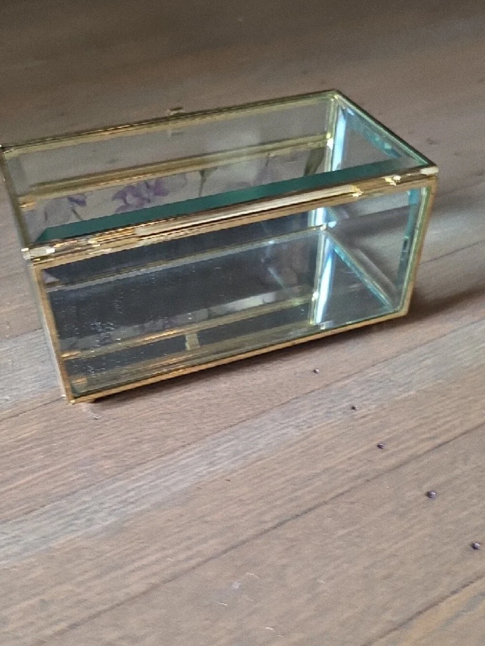 Shabby Chic Vintage 1989 Gold Glass Vanity Trinket Jewelry Box w/ Purple Floral